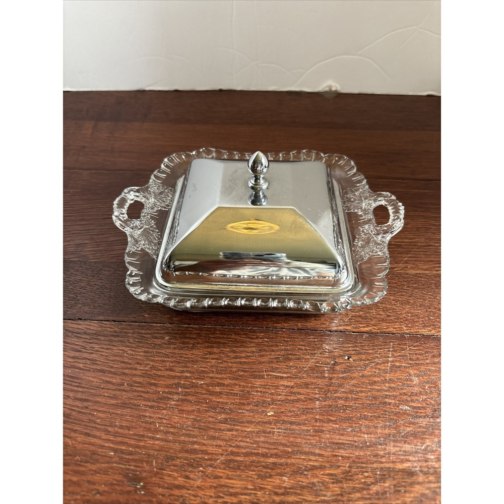 Vintage Farber ware Pressed Glass Square Covered Dish With Metal Lid